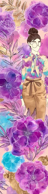 Free teacher bookmark featuring a teacher with big magenta flowers and glasses